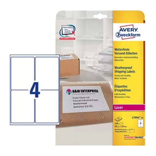 99.1 mm x 139 mm Plast Print etikety Avery Zweckform Biela ( 25 hárkov/balenie )