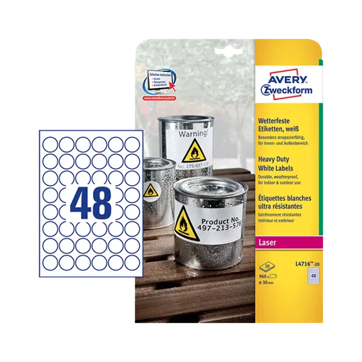 30 mm x 30 mm Plast Print etikety Avery Zweckform Biela ( 20 hárkov/balenie )