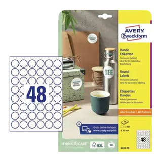 30 mm x 30 mm Papier Kotúčové etikety Avery Zweckform Biela ( 10 hárkov/balenie )