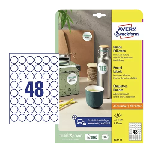 30 mm x 30 mm Papier Kotúčové etikety Avery Zweckform Biela ( 10 hárkov/balenie )
