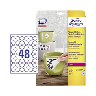 30 mm x 30 mm Plast Print etikety Avery Zweckform Biela ( 20 hárkov/balenie )