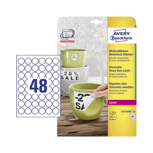 30 mm x 30 mm Plast Print etikety Avery Zweckform Biela ( 20 hárkov/balenie )