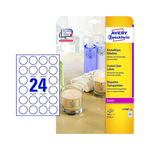 40 mm x 40 mm Plast Print etikety Avery Zweckform Priehľadná (čistá voda) ( 25 hárkov/balenie )