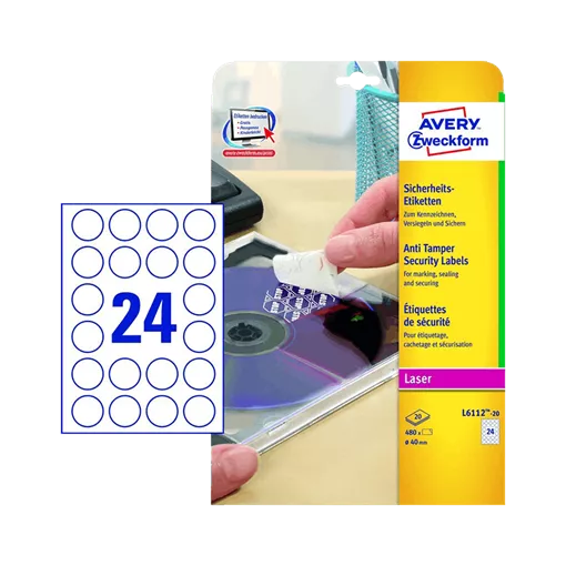 40 mm x 40 mm Plast Print etikety Avery Zweckform Biela ( 20 hárkov/balenie )