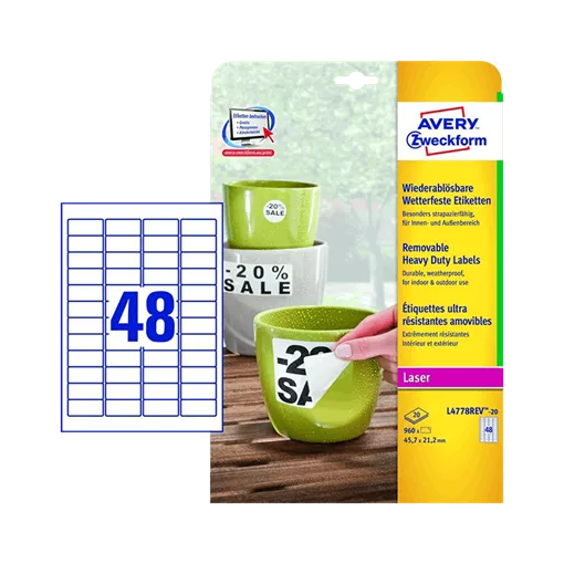 45.7 mm x 21.2 mm Plast Print etikety Avery Zweckform Biela ( 20 hárkov/balenie )