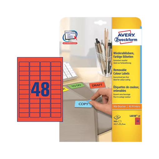45.7 mm x 21.2 mm Papier Print etikety Avery Zweckform Červená ( 20 hárkov/balenie )