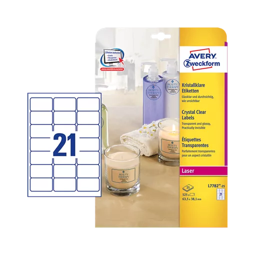 63.5 mm x 38.1 mm Plast Print etikety Avery Zweckform Priehľadná (čistá voda) ( 25 hárkov/balenie )