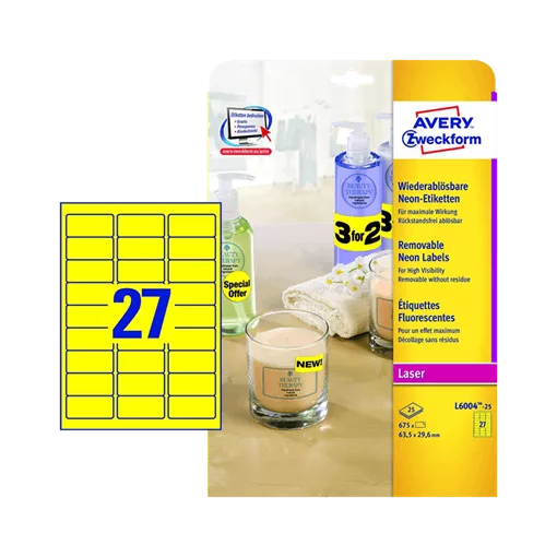 63.5 mm x 29.6 mm Papier Print etikety Avery Zweckform Neónová žltá ( 25 hárkov/balenie )