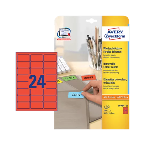 63.5 mm x 33.9 mm Papier Print etikety Avery Zweckform Červená ( 20 hárkov/balenie )