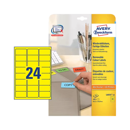 63.5 mm x 33.9 mm Papier Print etikety Avery Zweckform Žltá ( 20 hárkov/balenie )